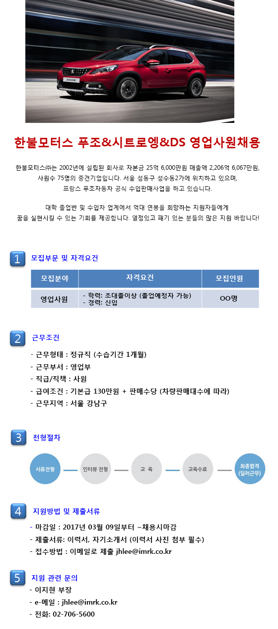  세일즈마스터코리아  판매직 - 푸조 - 수입차 푸조 신입 세일즈컨설턴트(영업사원) 모집 - 샵마넷  세일즈마스터코리아 - 푸조 - 수입차 푸조... 