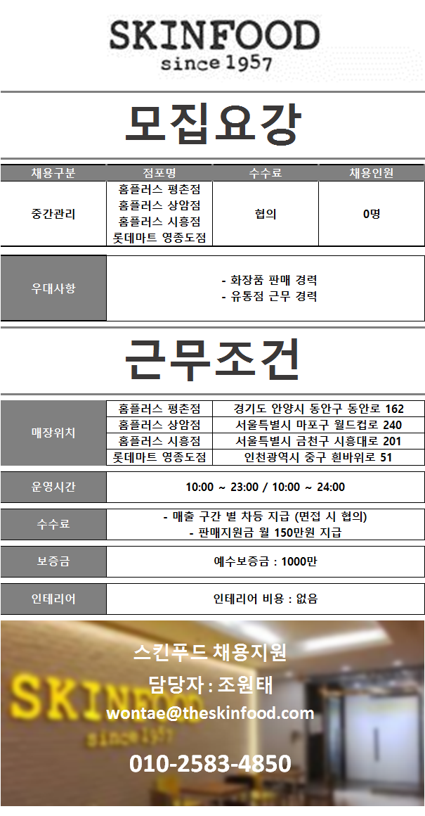  스킨푸드  판매직 - 스킨푸드 - [스킨푸드] 평촌/상암/시흥 홈플러스 및 영종도 롯데마트 중간관리 구인 - 샵마넷  스킨푸드 - 스킨푸드... 