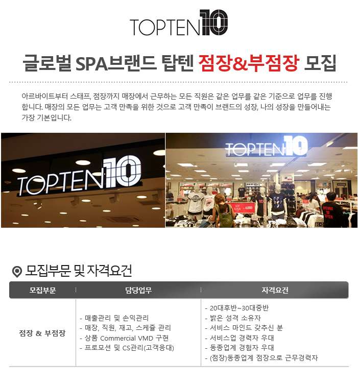  (주)잡앤잡  판매직 - 탑텐 - 탑텐(TOPTEN10) 점장 및 부점장 채용 - 샵마넷  (주)잡앤잡 - 탑텐 - 탑텐(TOPTEN10) 점장 및 부점장 채용... 